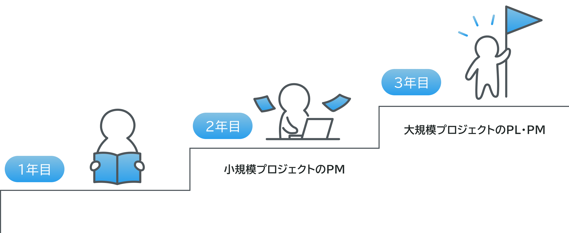 1年目：メンバー、2年目：小規模プロジェクトのプロジェクトマネージャー、3年目：大規模プロジェクトのプロジェクトリーダー、プロジェクトマネージャー